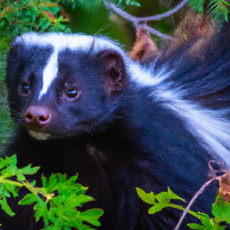Striped skunk in forest clearing