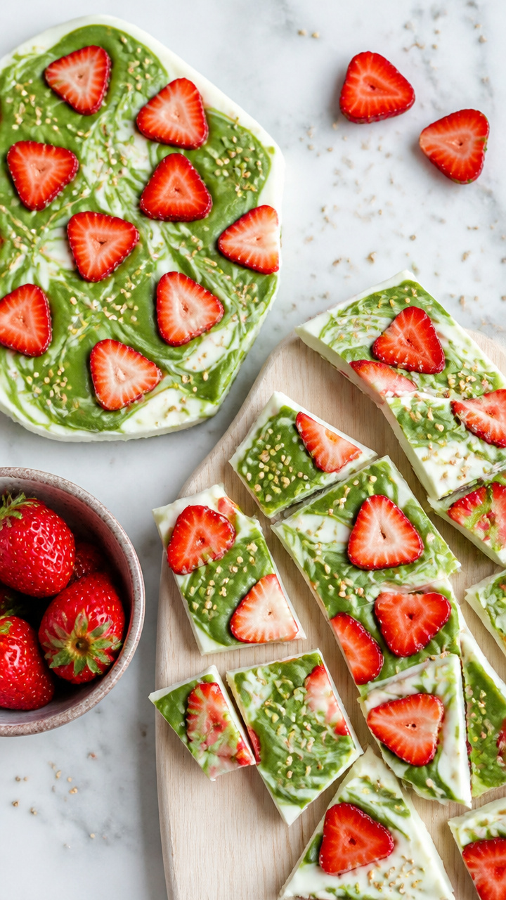 Healthy Strawberry Matcha Yogurt Bark Dessert
