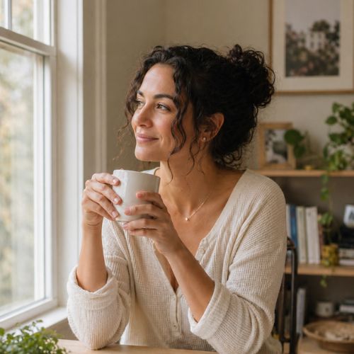Nora enjoying a quiet morning with coffee