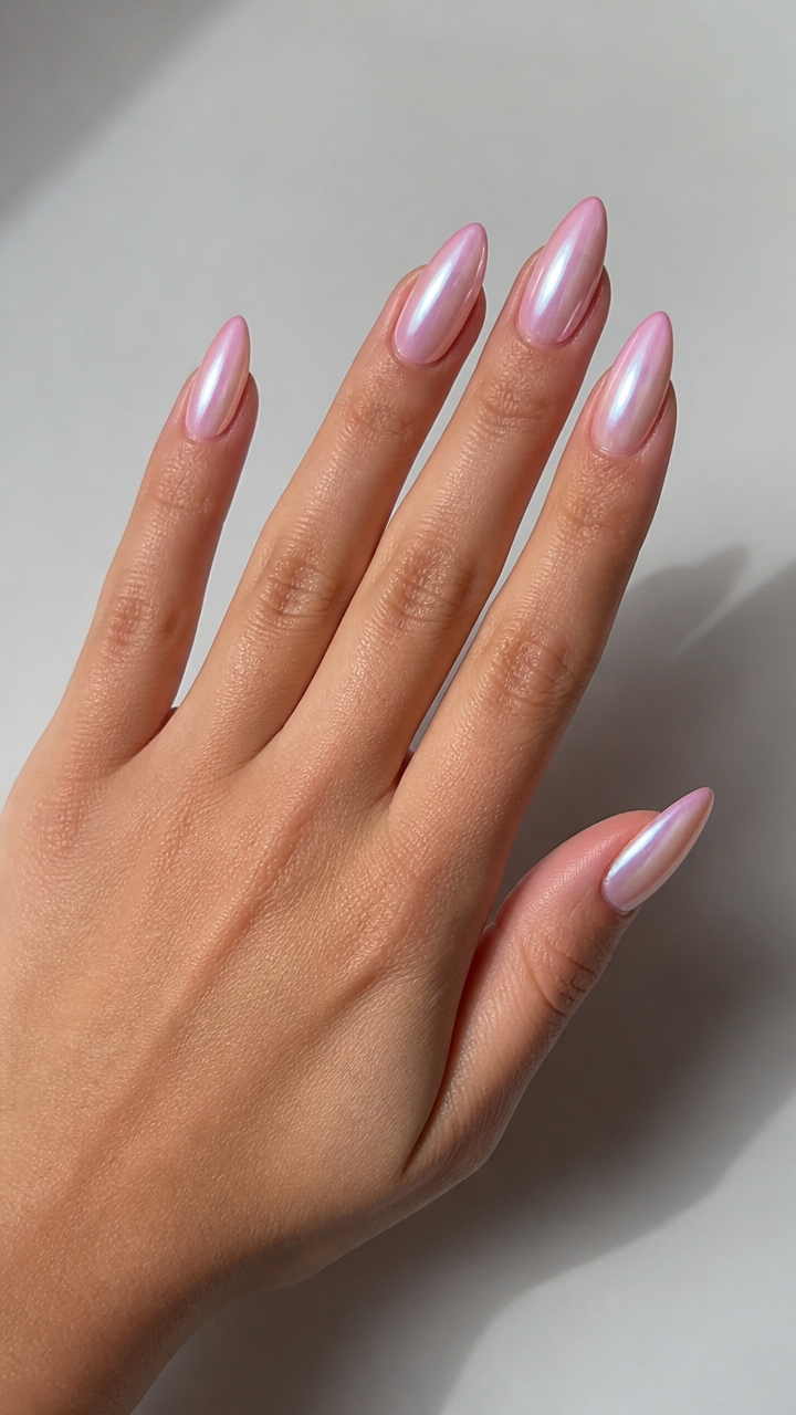 Baby Pink Chrome Nails with Soft Gloss Fade