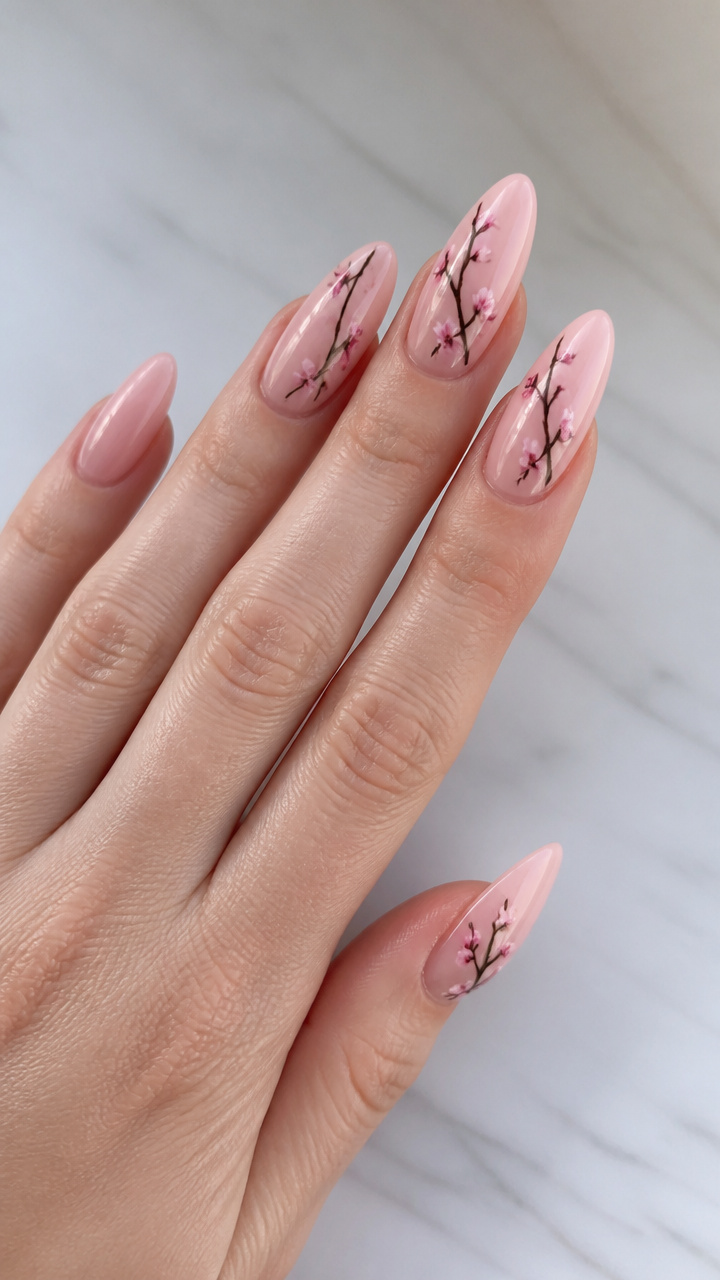 Baby Pink with Delicate Cherry Blossom Branches