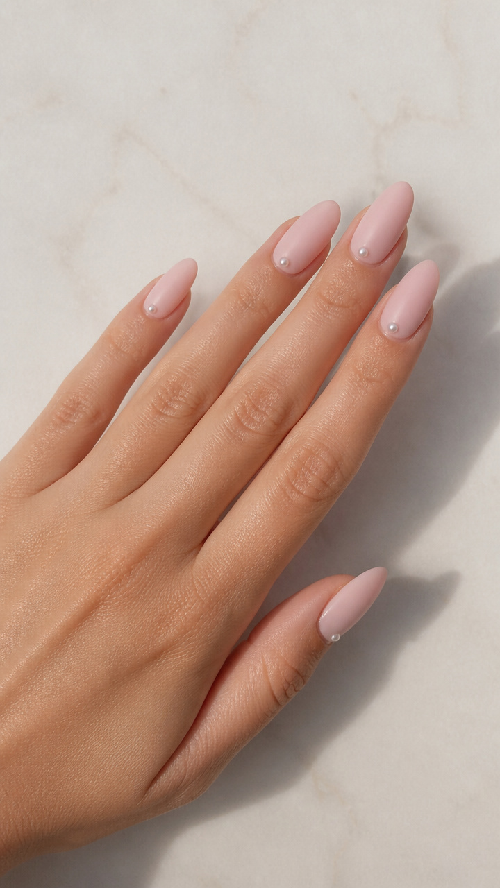 Blush Almond Nails with Delicate Pearl Accents