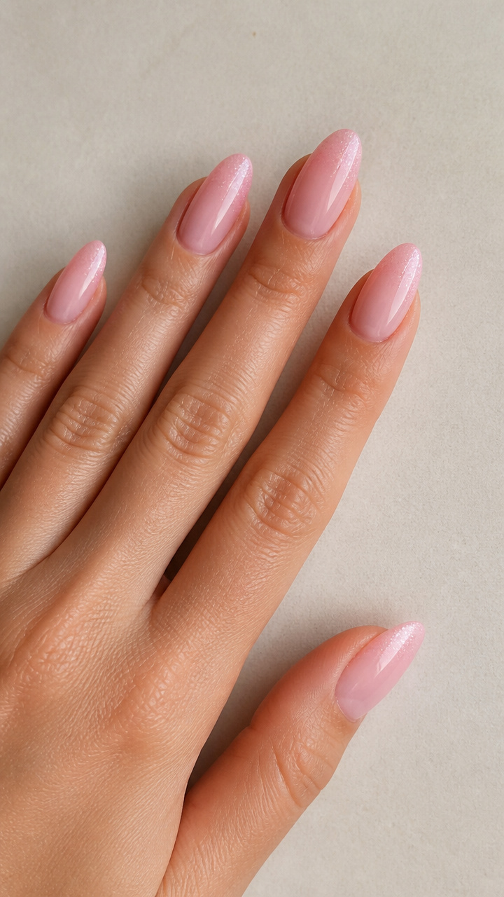 Blush Ballet Almond Tips with Shimmer Gradient