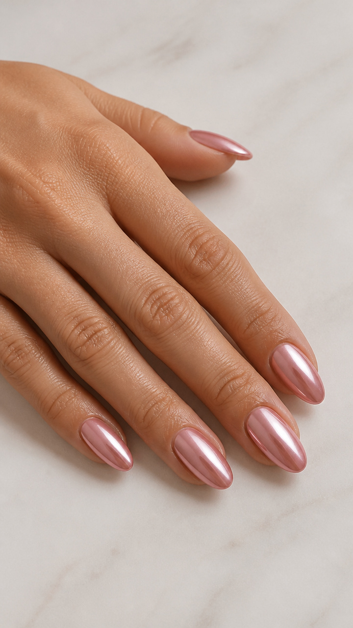 Blush Rose Chrome Almond Nails