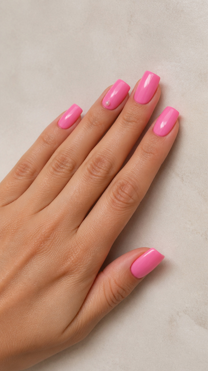 Candy Pink Square Nails with Pearl Accent