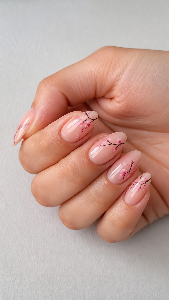 Cherry Blossom Branches on Nude-Pink Tips