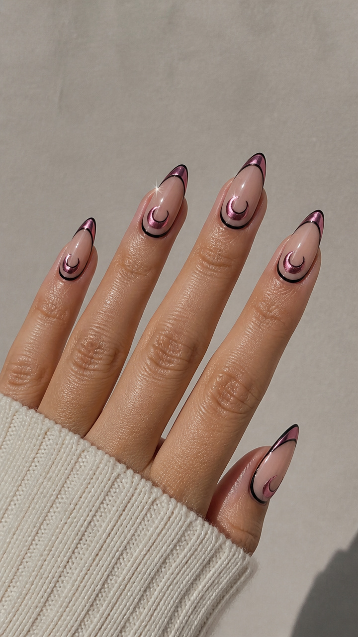 Chrome Pink Moon Nails with Black Accents