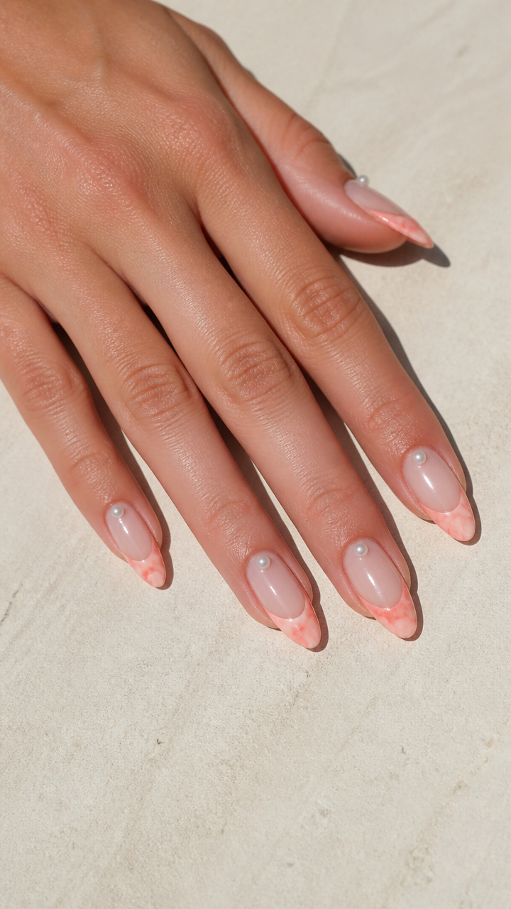 Coral-Edged Almond Tips with Pearl Accent