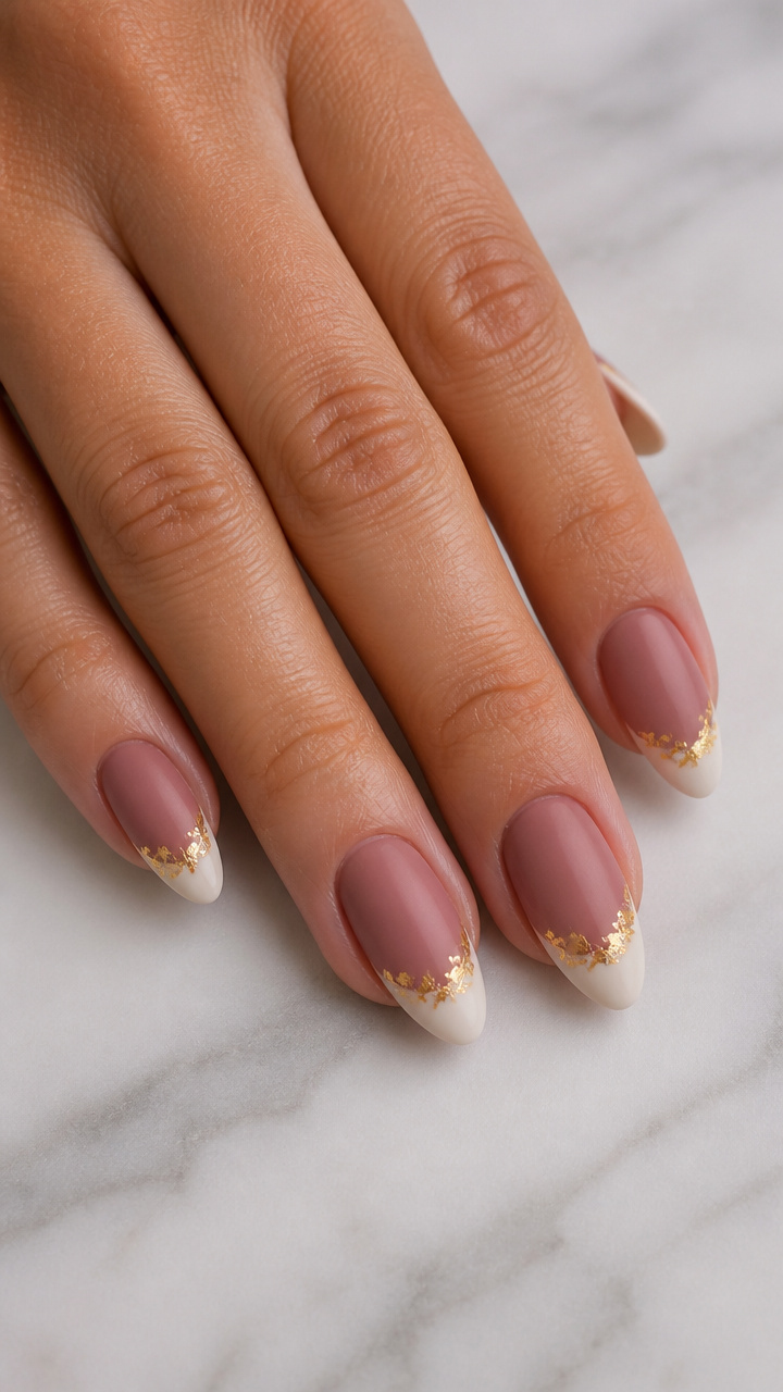 Dusty Rose Almond Tips with Gold Foil Accents
