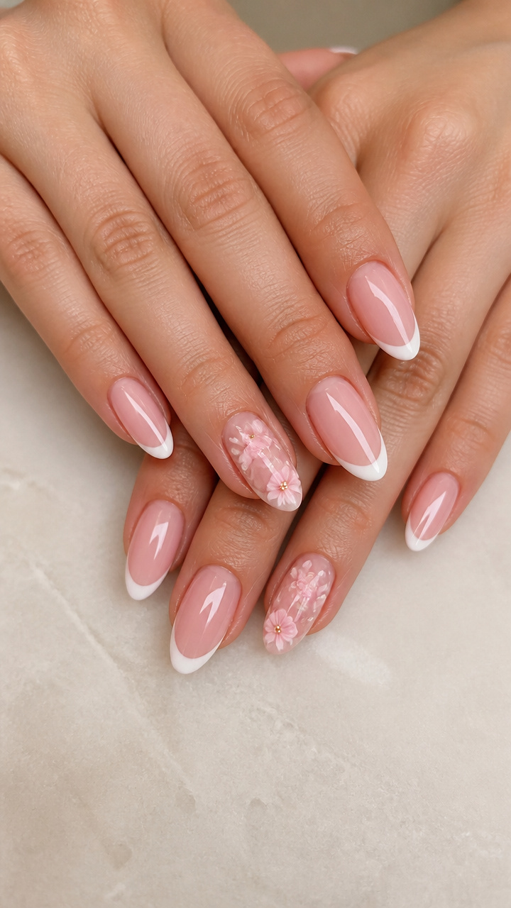 Floral Pink French with Tiny 3D Blossoms