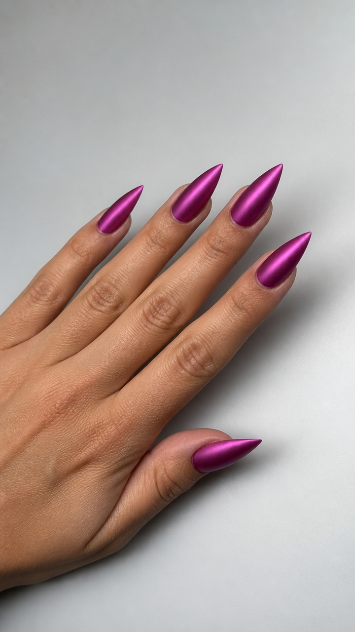 Frosted Magenta Chrome Stiletto Nails