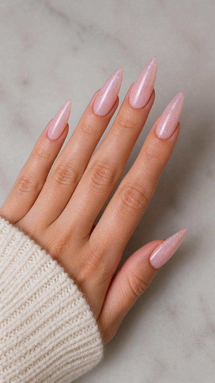 Frosted Pink Stiletto Nails with Holographic Flecks