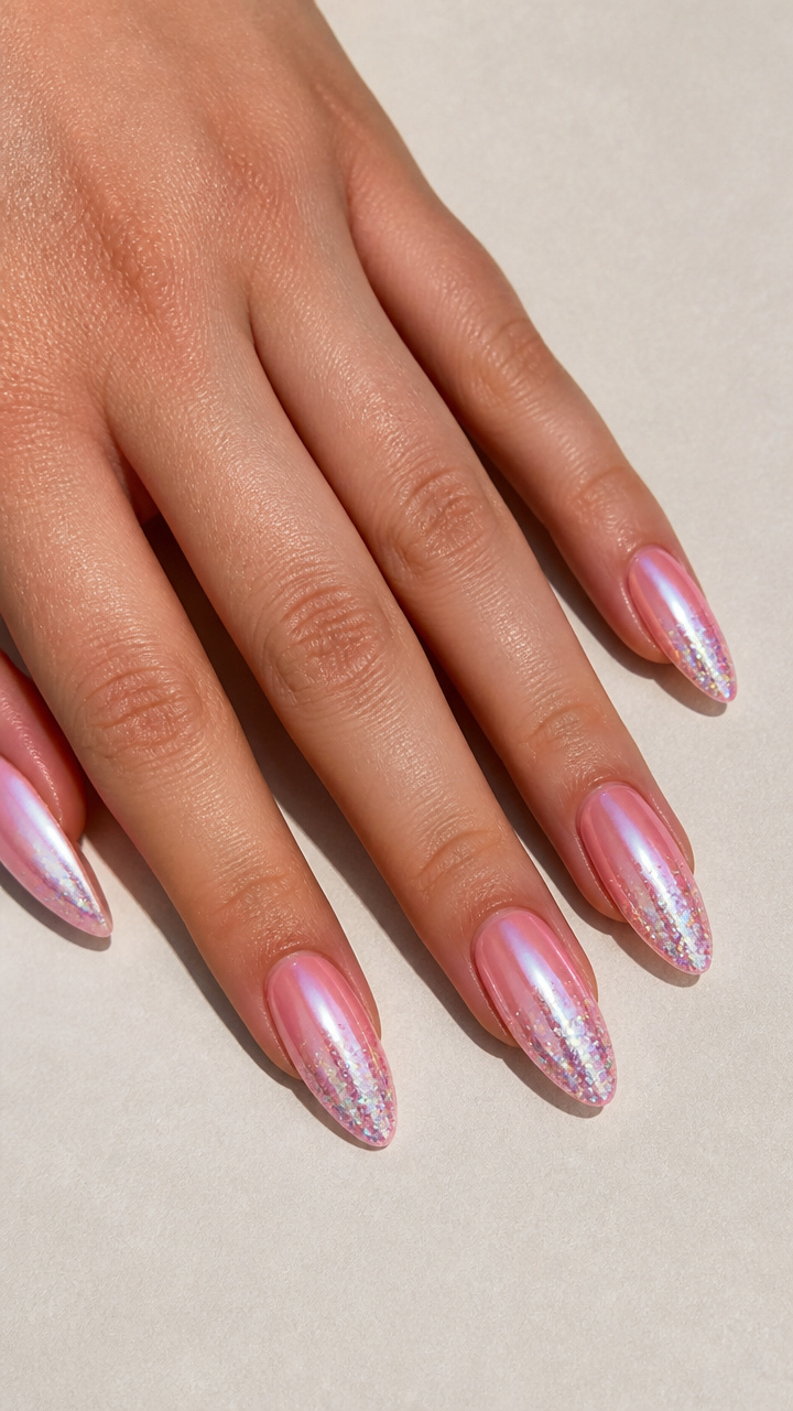 Glitter-Dipped Pink Chrome Tips