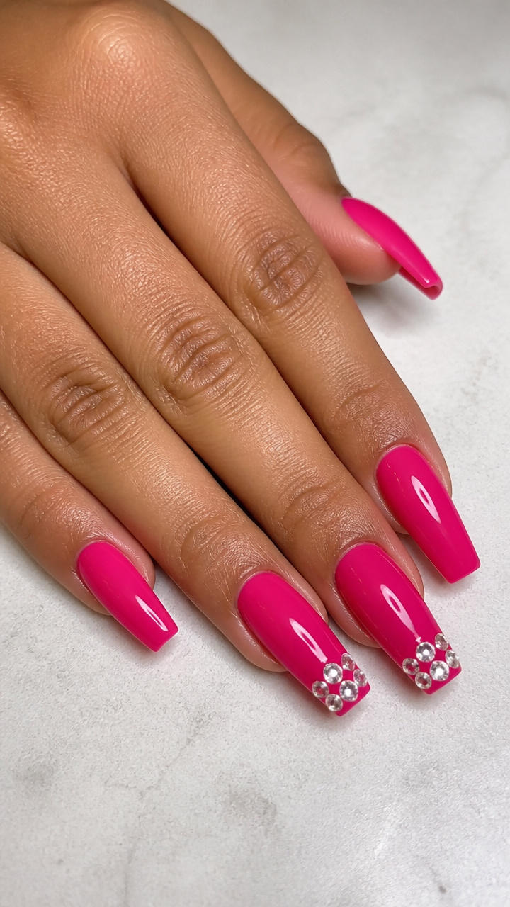 Glossy Hot Pink Coffin with Rhinestone Accent