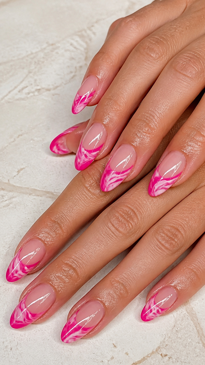 Hot Pink and Cream Marbled Tips