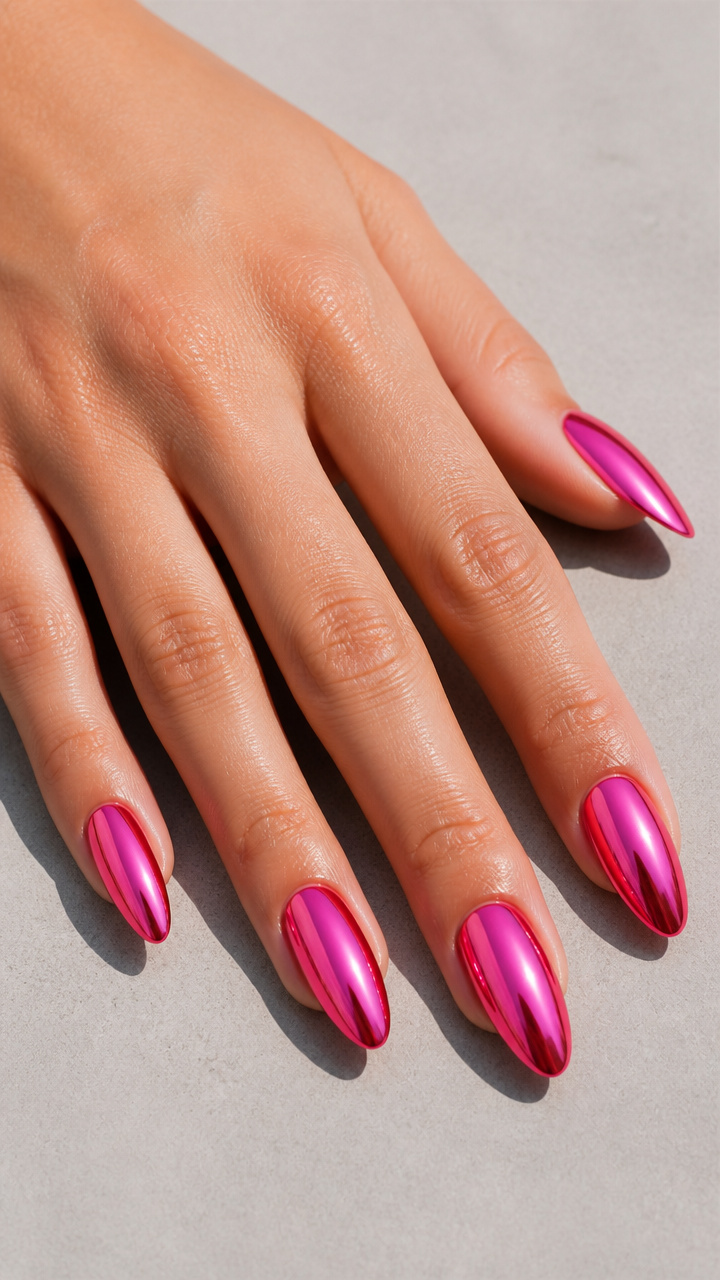 Hot Pink Chrome Almond Nails
