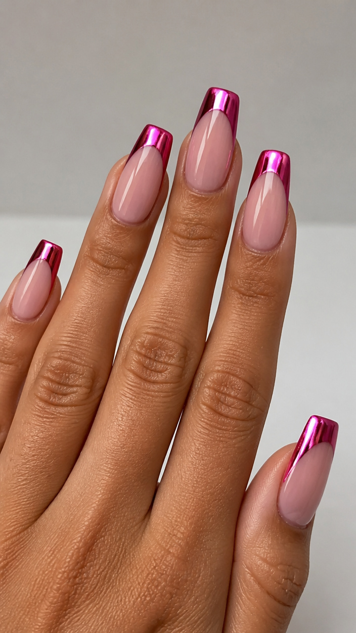 Hot Pink Chrome Tips on Square Coffin Nails