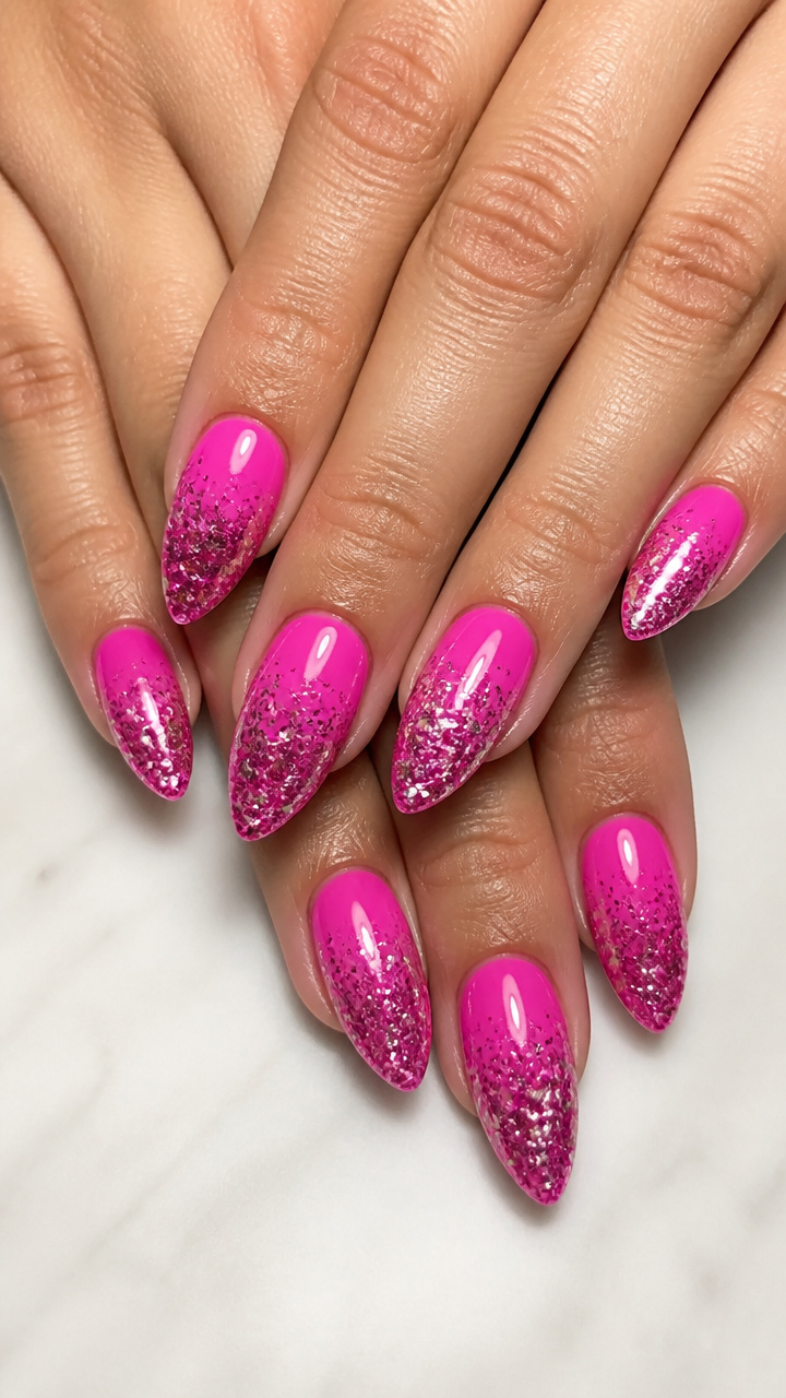 Hot Pink Glitter Gradient on Almond Nails
