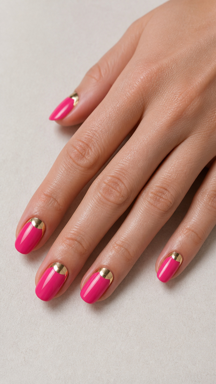 Hot Pink Half-Moon Manicure with Gold Arch