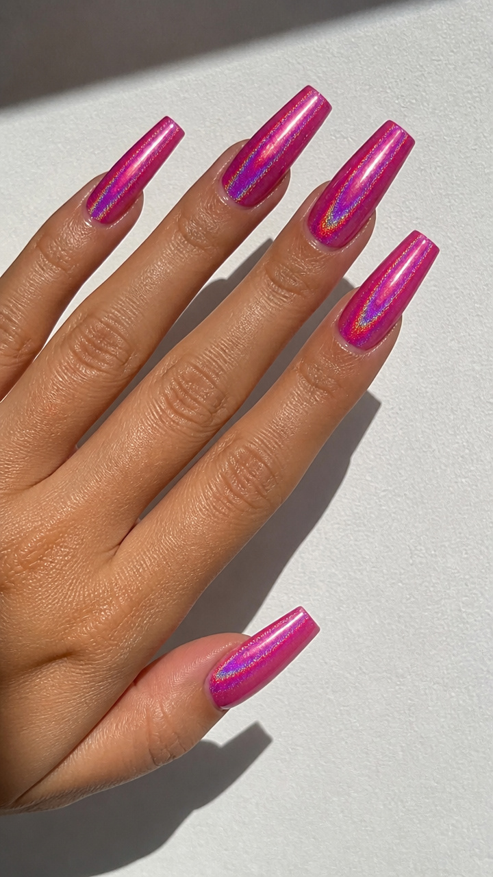 Hot Pink Holographic Chrome Coffin Nails
