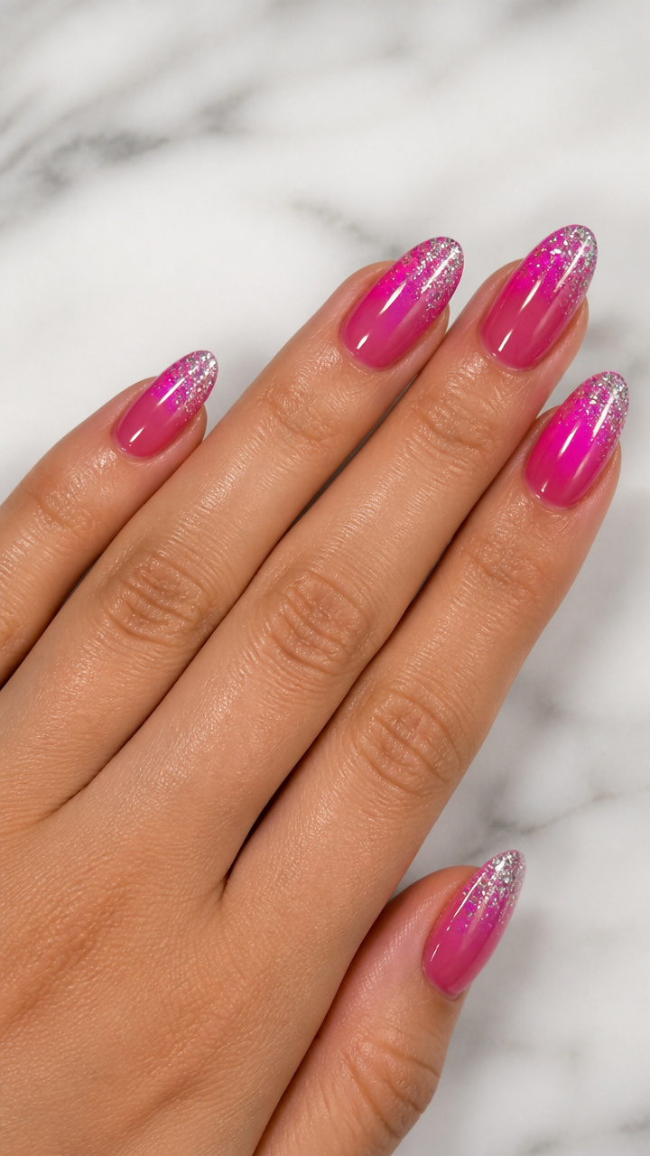 Hot Pink Ombre with Silver Glitter Tips