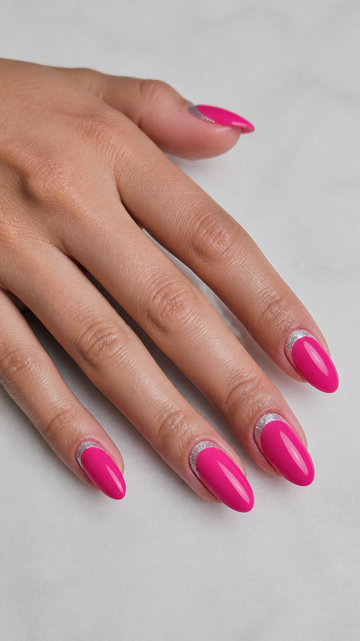 Hot Pink Reversed French with Glitter Rim
