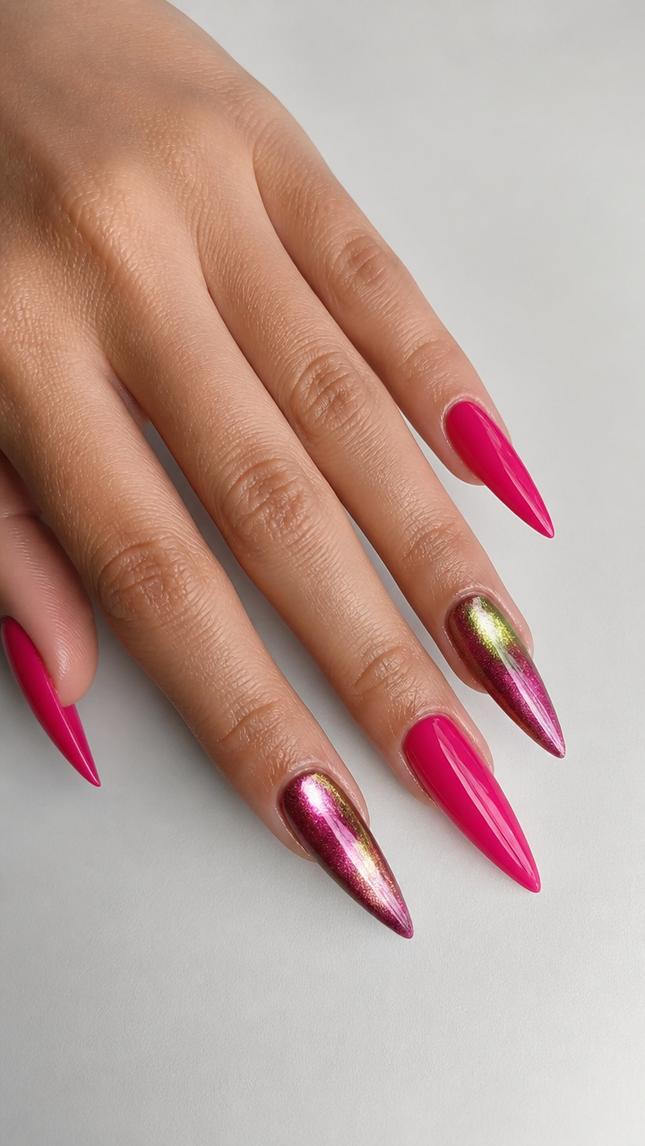 Hot Pink Stiletto Nails with Tiger Eye Accents