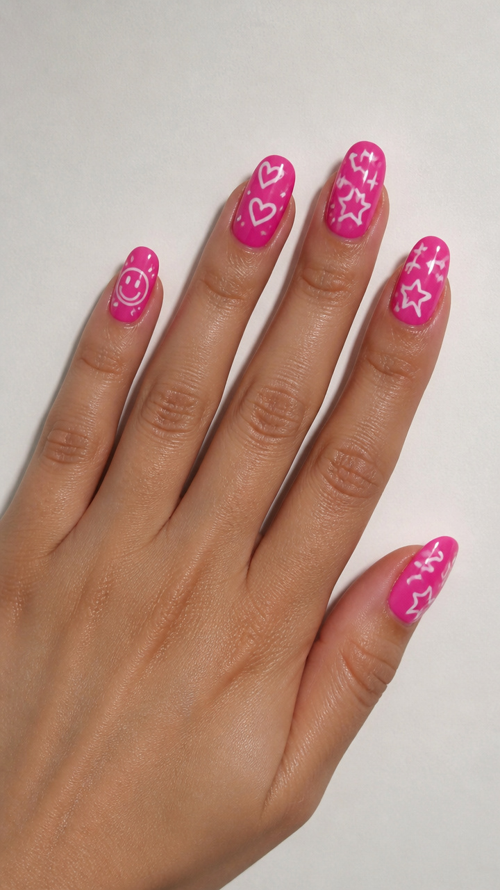 Hot Pink with White Doodle Art