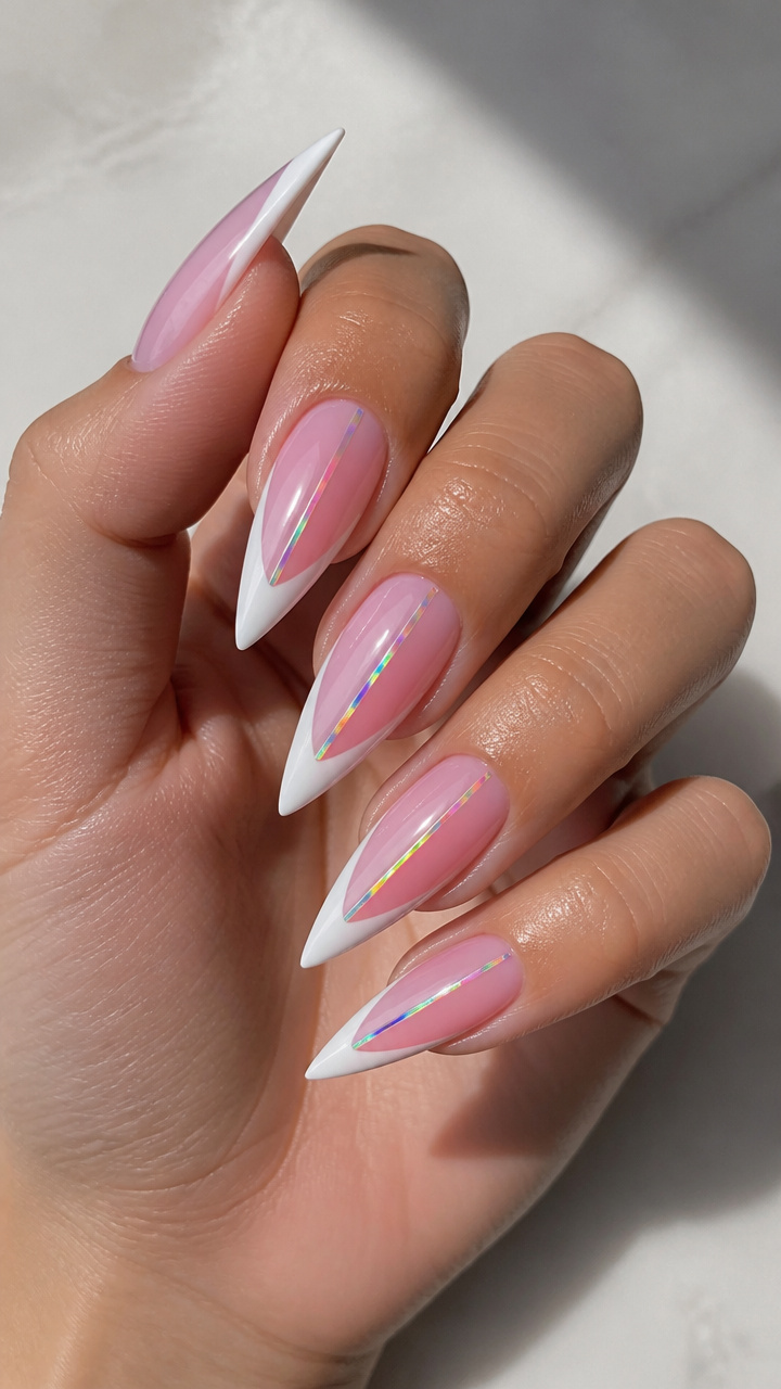 Icy Pink Stiletto Tips with Holographic Striping