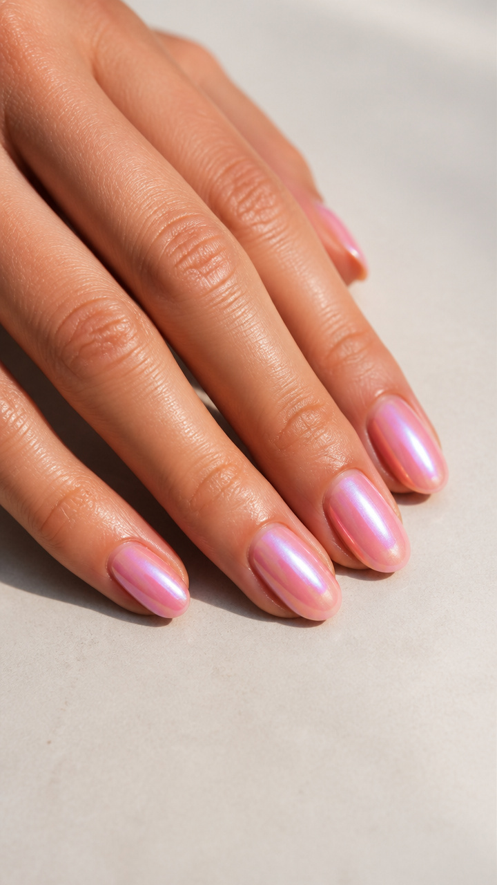 Iridescent Pink Overlay on Short Almond Nails
