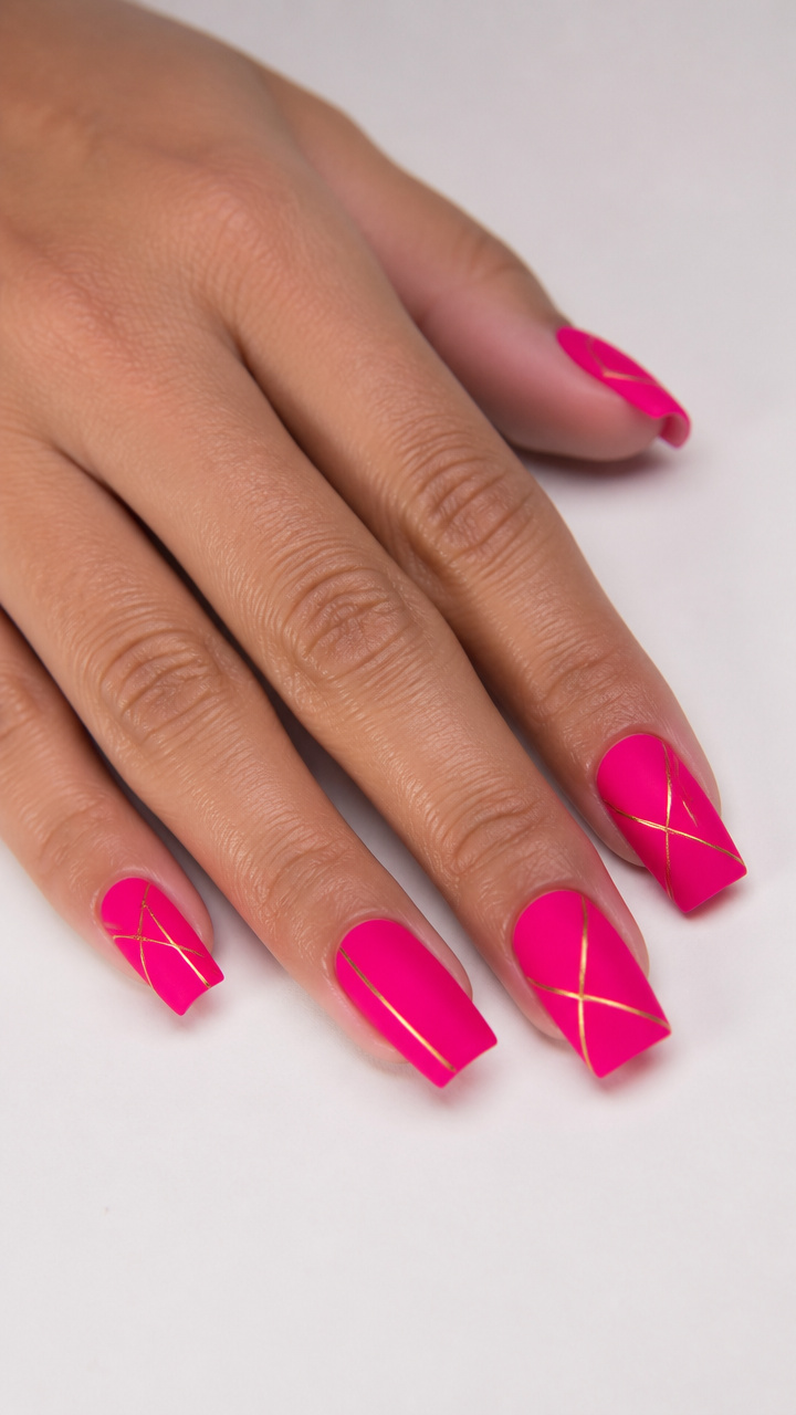 Matte Hot Pink Square Nails with Minimalist Line Art