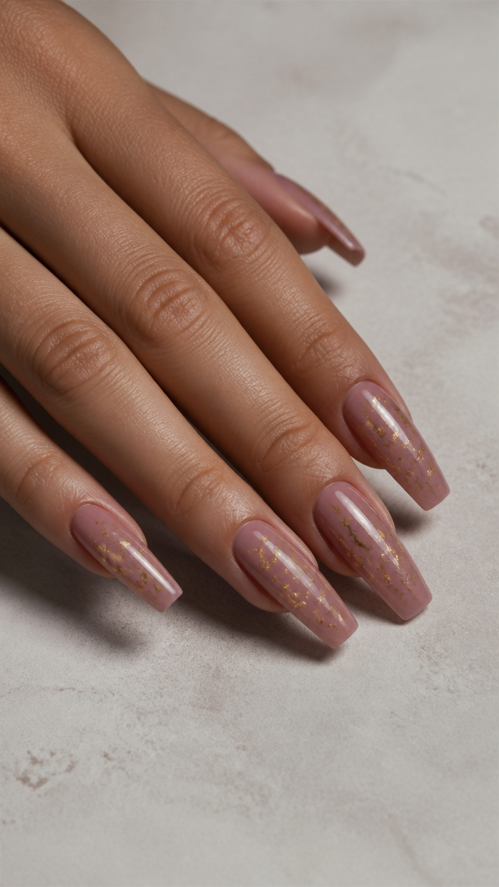 Mauve Coffin Nails with Floating Gold Leaf
