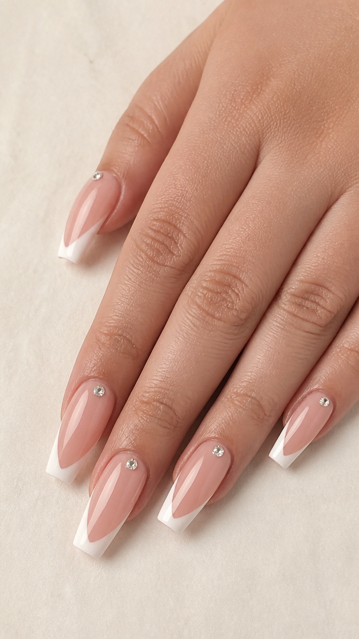 Millennial Pink Coffin Tips with Tiny Rhinestones
