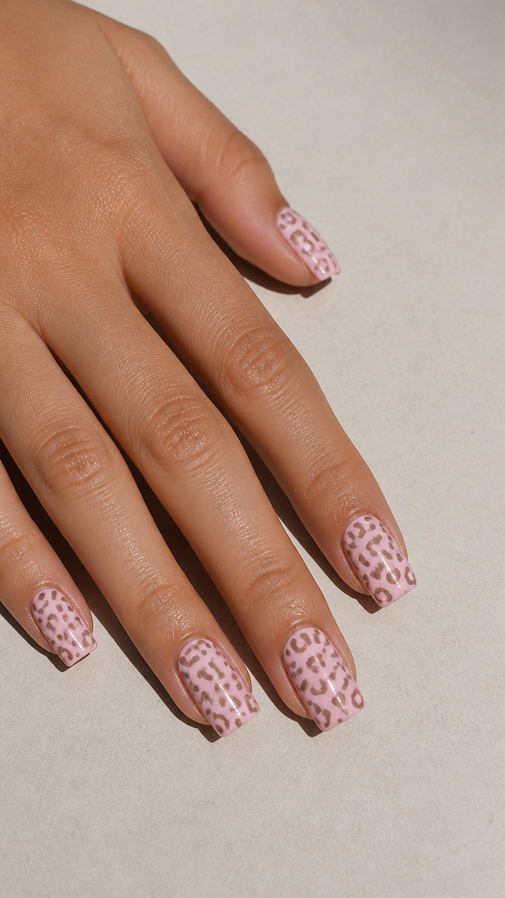 Pastel Pink Leopard Print on Square Nails