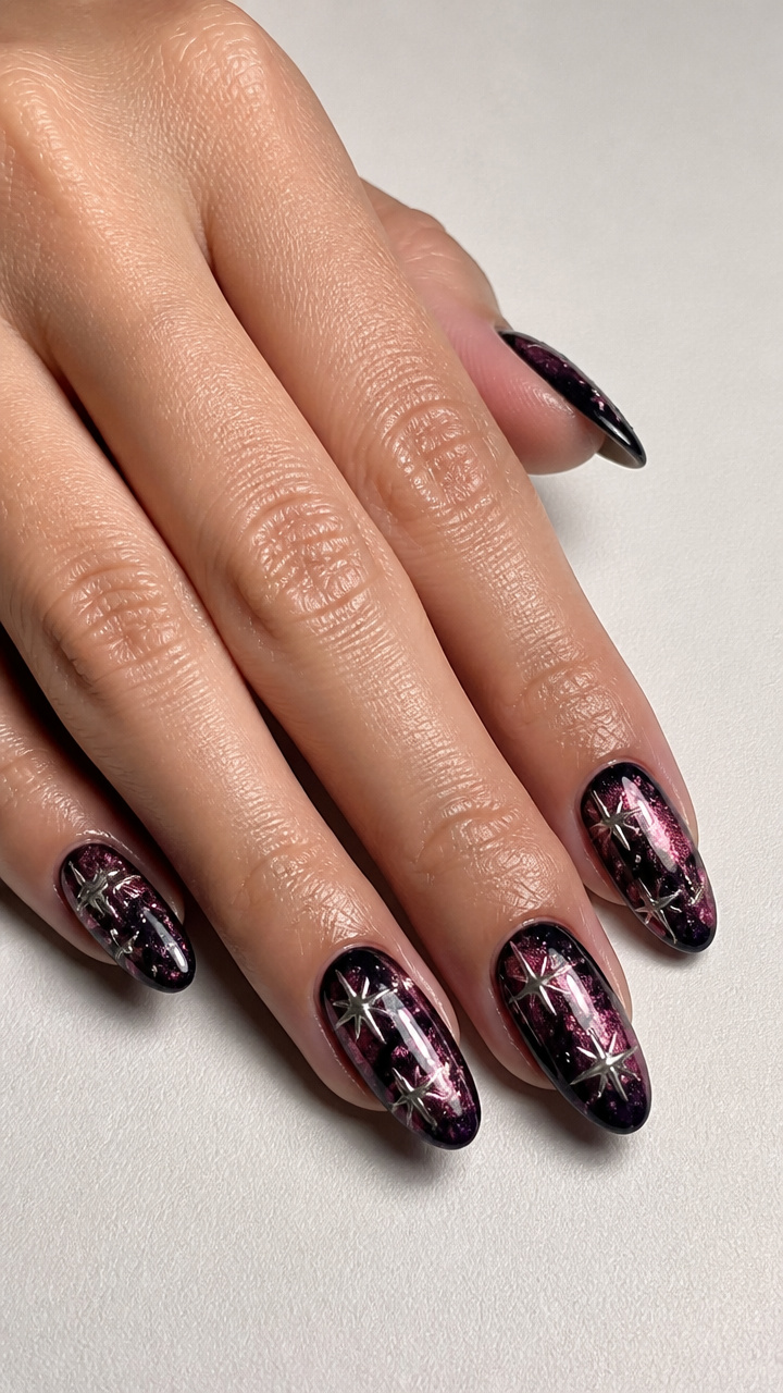 Pink Chrome Galaxy Nails with Star Studs