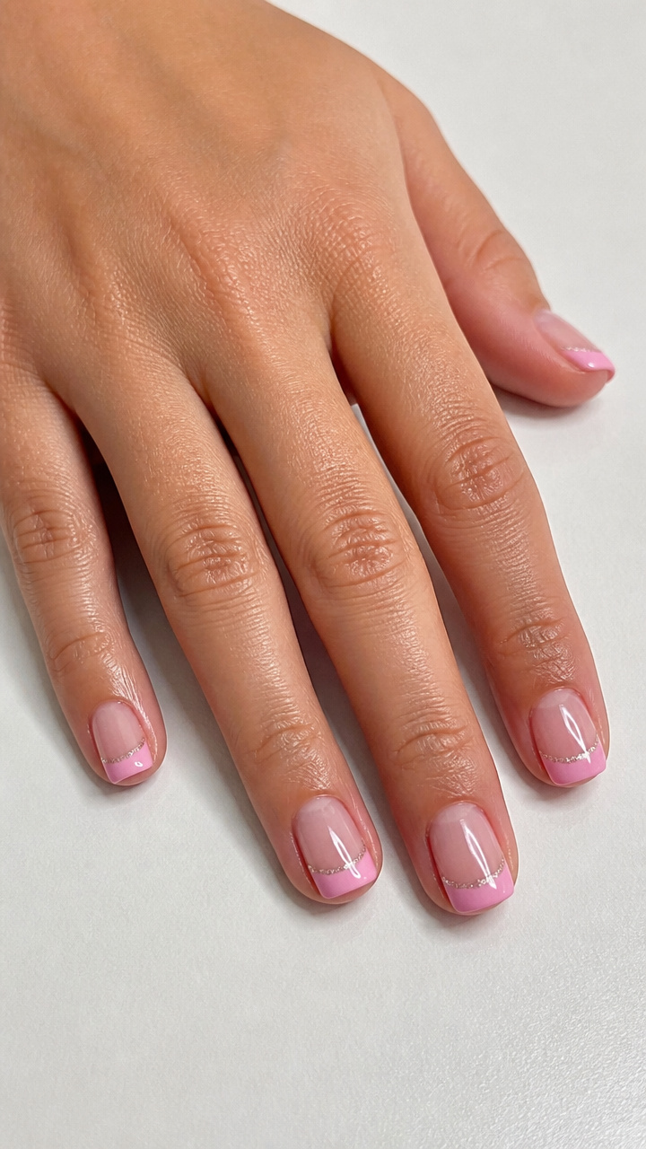 Pink French Tips with Silver Micro Glitter