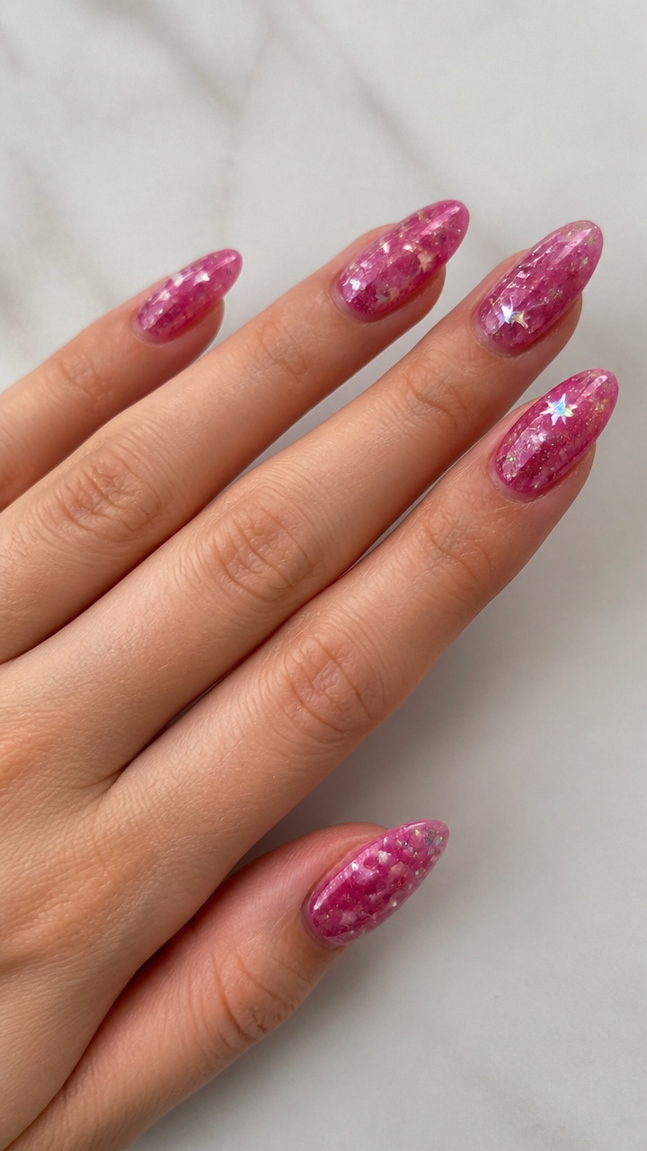 Pink Galaxy Nails with Star Confetti