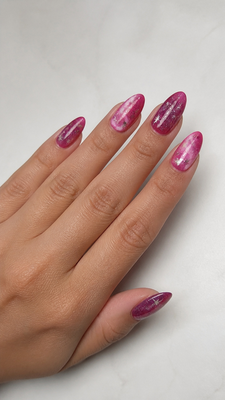 Pink Galaxy Nails with Star Dust Flecks