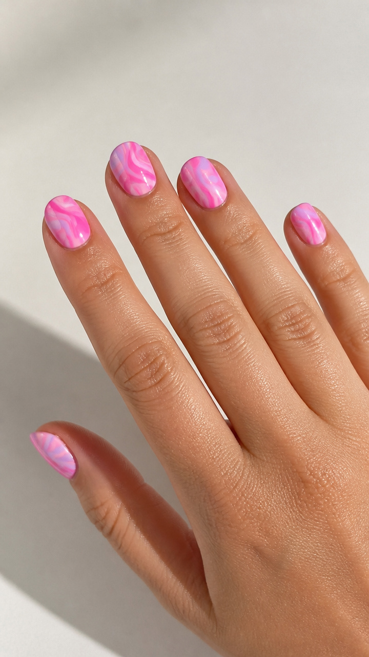 Pink Tie-Dye Swirls on Round Nails