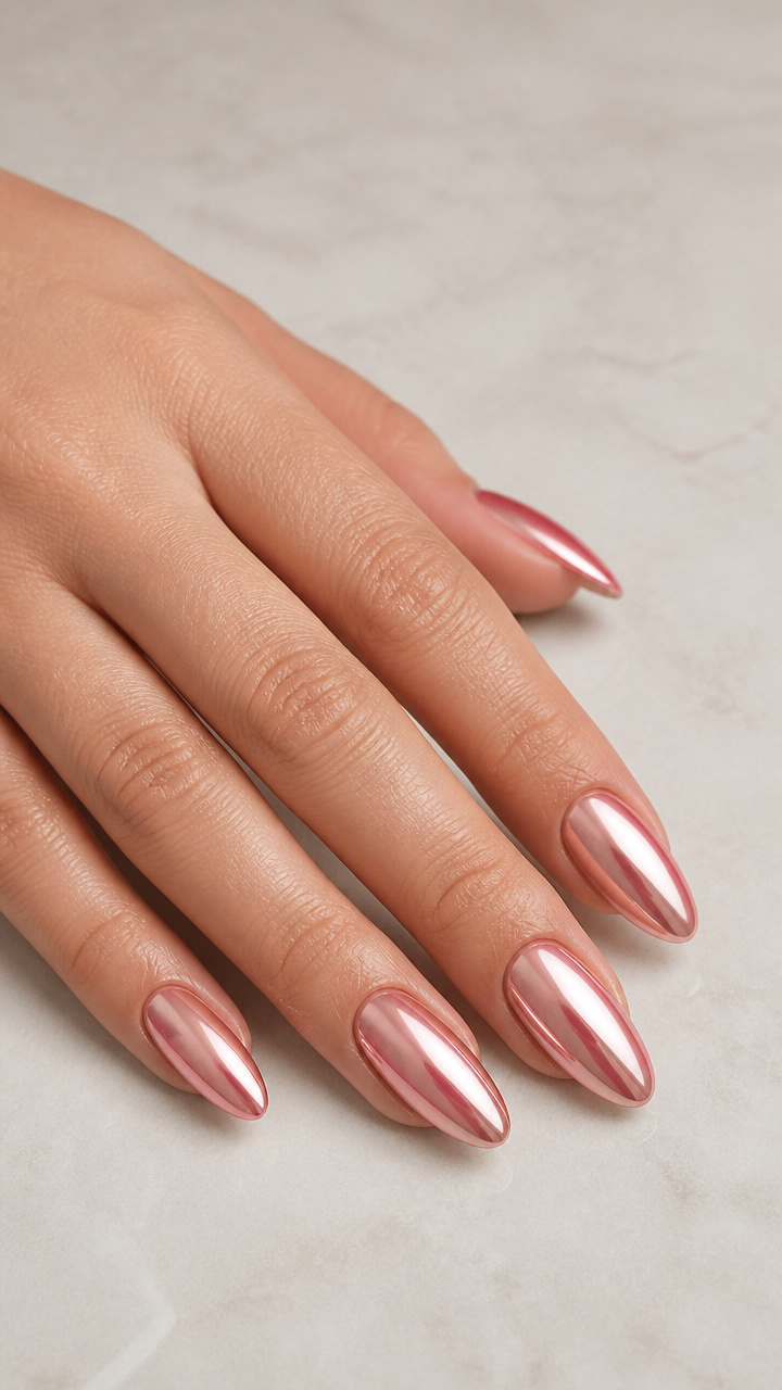 Rose Gold Chrome Almond Nails