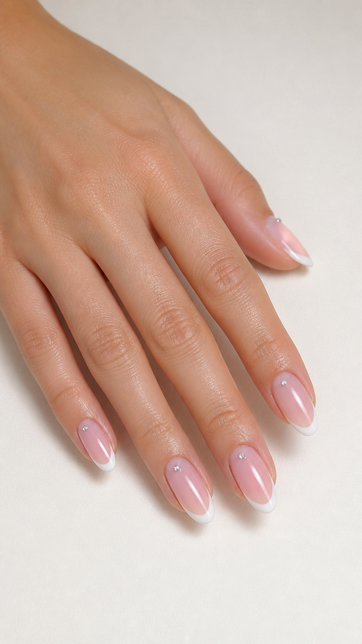 Sheer Baby Pink French Tips with Clear Crystals