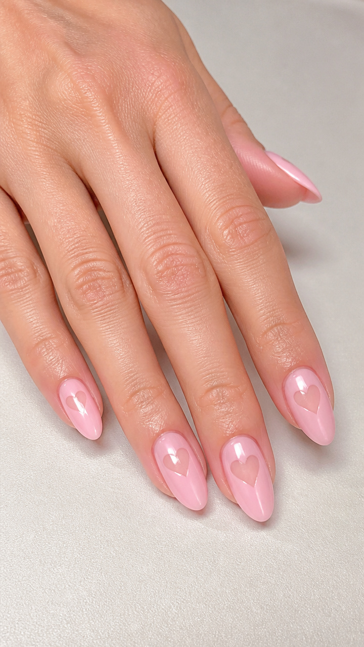 Soft Pink Almond Nails with Heart Cutouts