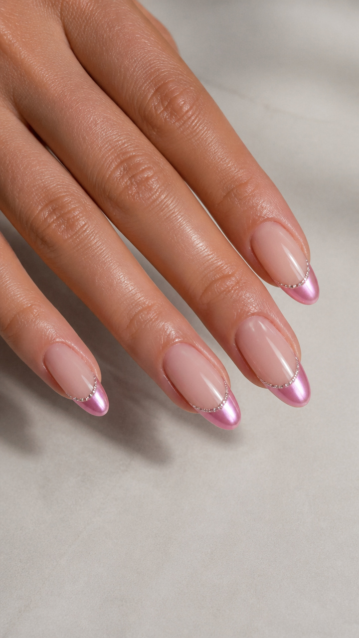 Soft Pink Chrome French Tips with Rhinestones