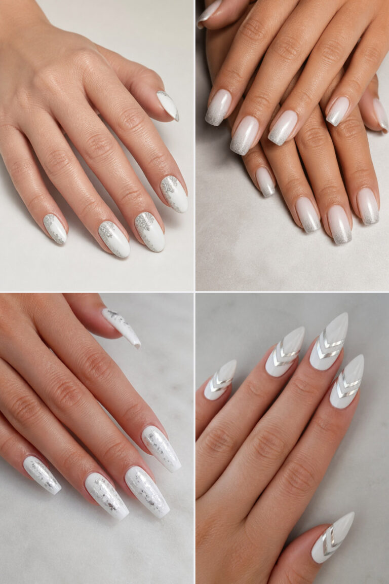 15 White Nails with Silver Accents