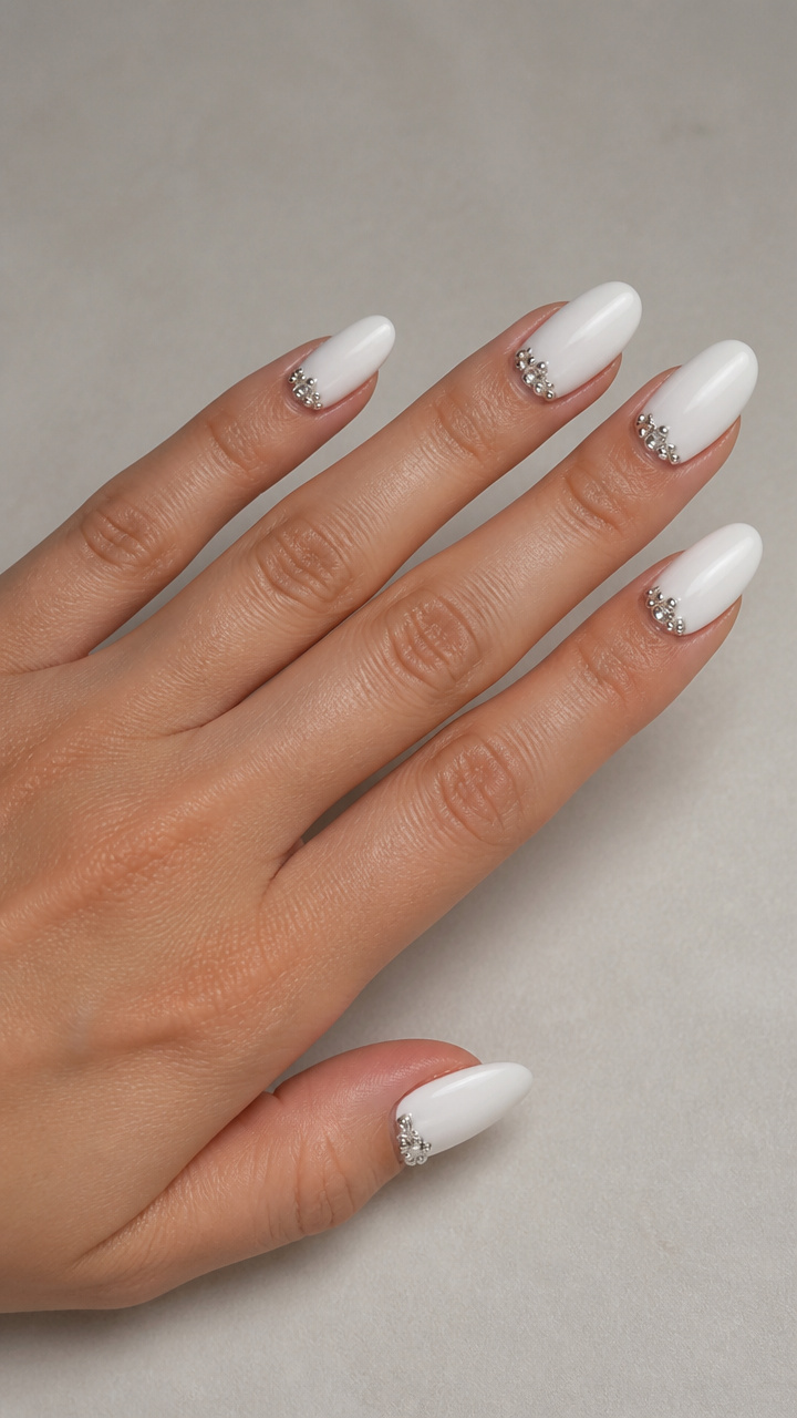 Almond White Nails with Clustered Silver Studs