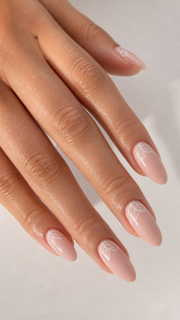 Blush Almond Nails with Delicate White Linework