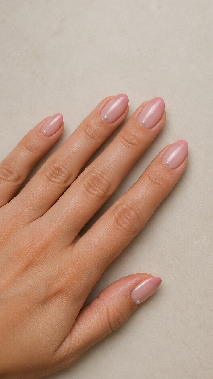 Blush Almond Tips with Delicate Pearl Accents