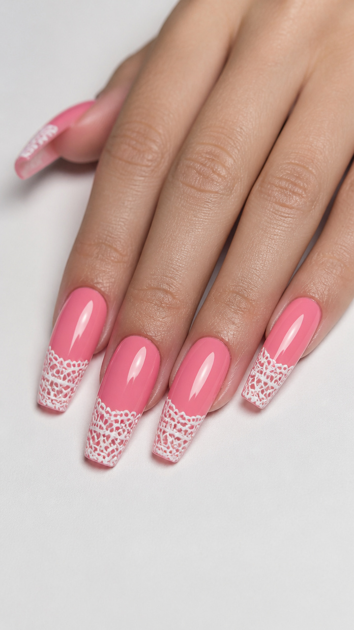 Candy Pink Coffin Base with White Lace Trim