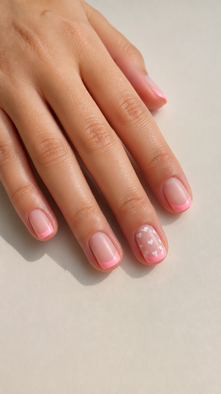 Candy Pink Matte French with Tiny White Hearts