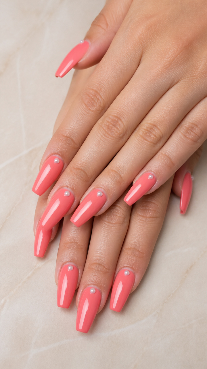 Coral-Pink Coffin Nails with Tiny Pearls
